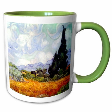 Wheat Fine China 3dRose Wheat Field with Cypresses by Vincent van Gogh 1889 - wheatfield - cornfield - trees fine landscape - Two Tone Green Mug, 11-ounce ()