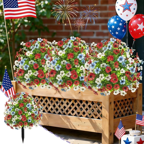 Patriotic Artificial Flowers Garden Decor, 4th of July Multicolor Plastic Green Plant Pot Ornament, Independence Day Outdoor Garden & Home Decor