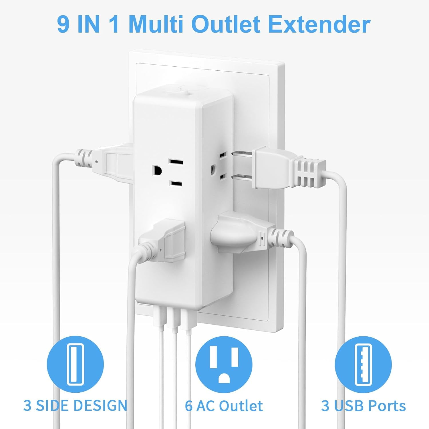 Multi Plug Outlet Extender with 6 Outlets & 3 USB Ports - Sur Protector Outlet Plug Adapter, Multi Plug Wall Outlet, 3-Sided Spaced Design for Home Office Travel (White)