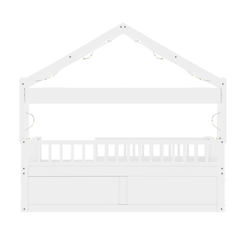 Full Size Kids Montessori Floor Bed Frame with Guardrail & Drawer, Children House Platform Bed with LED Light & Small Cat Bed