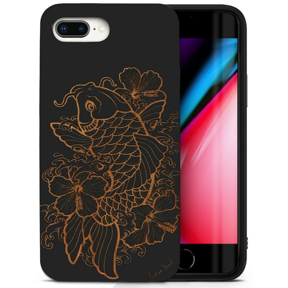 Case Yard Wooden Case for iPhone-8-Plus Soft TPU Silicone cover Slim Fit Shockproof Wood Protective Phone Cover for Girls Boys Men and Women Supports Wireless Charging Hibiscus & Koi Fish Design