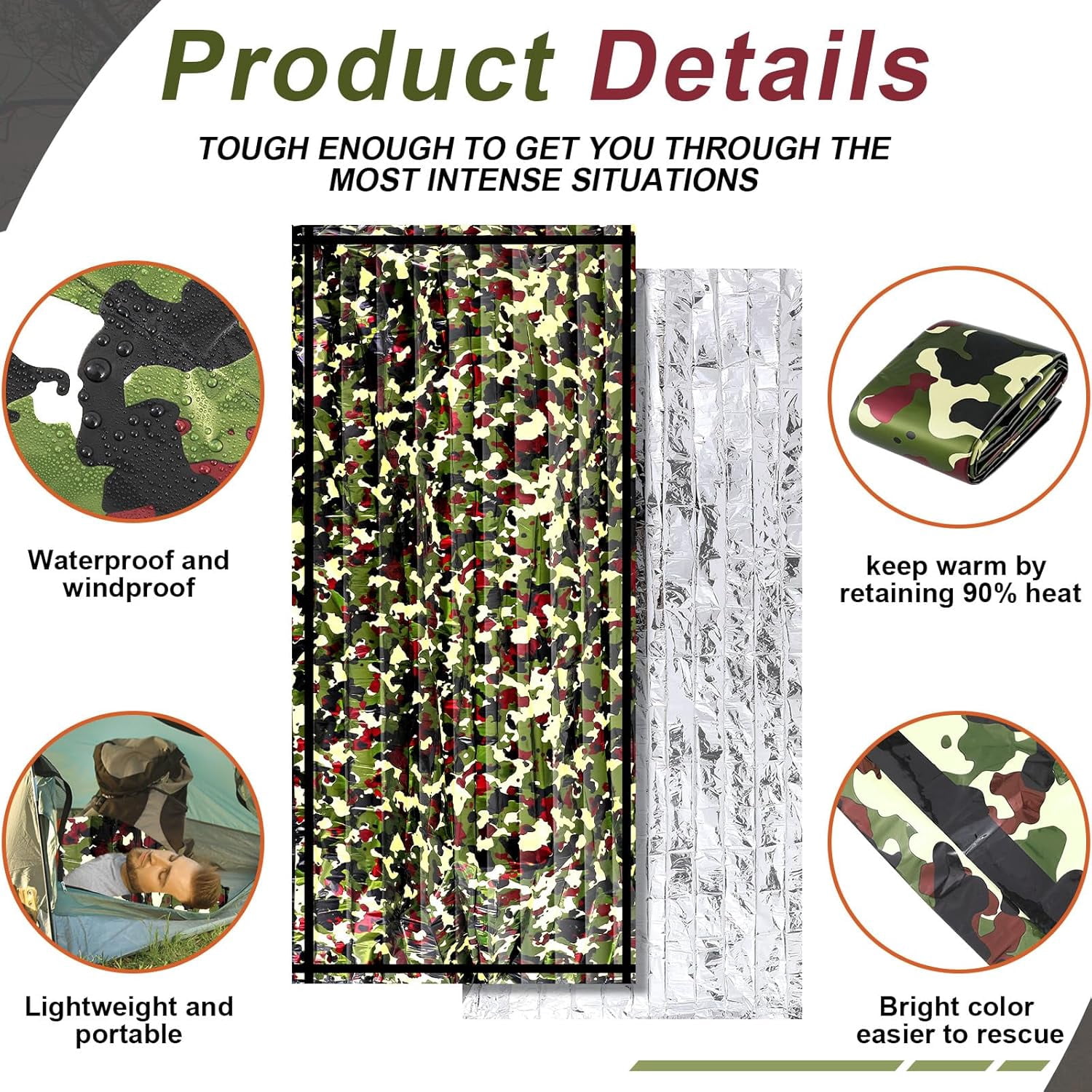 Camo Emergency Sleeping Bags Camo Blankets Emergency Shelter Survival Gear Portable Lightweight Thermal Bivy Sack Waterproof for Outdoor Camping Hiking Homeless Shelter