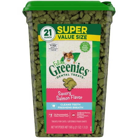 Feline Greenies Adult Natural Dental Care Cat Treats, Savory Salmon Flavor, 21 Oz Tub
