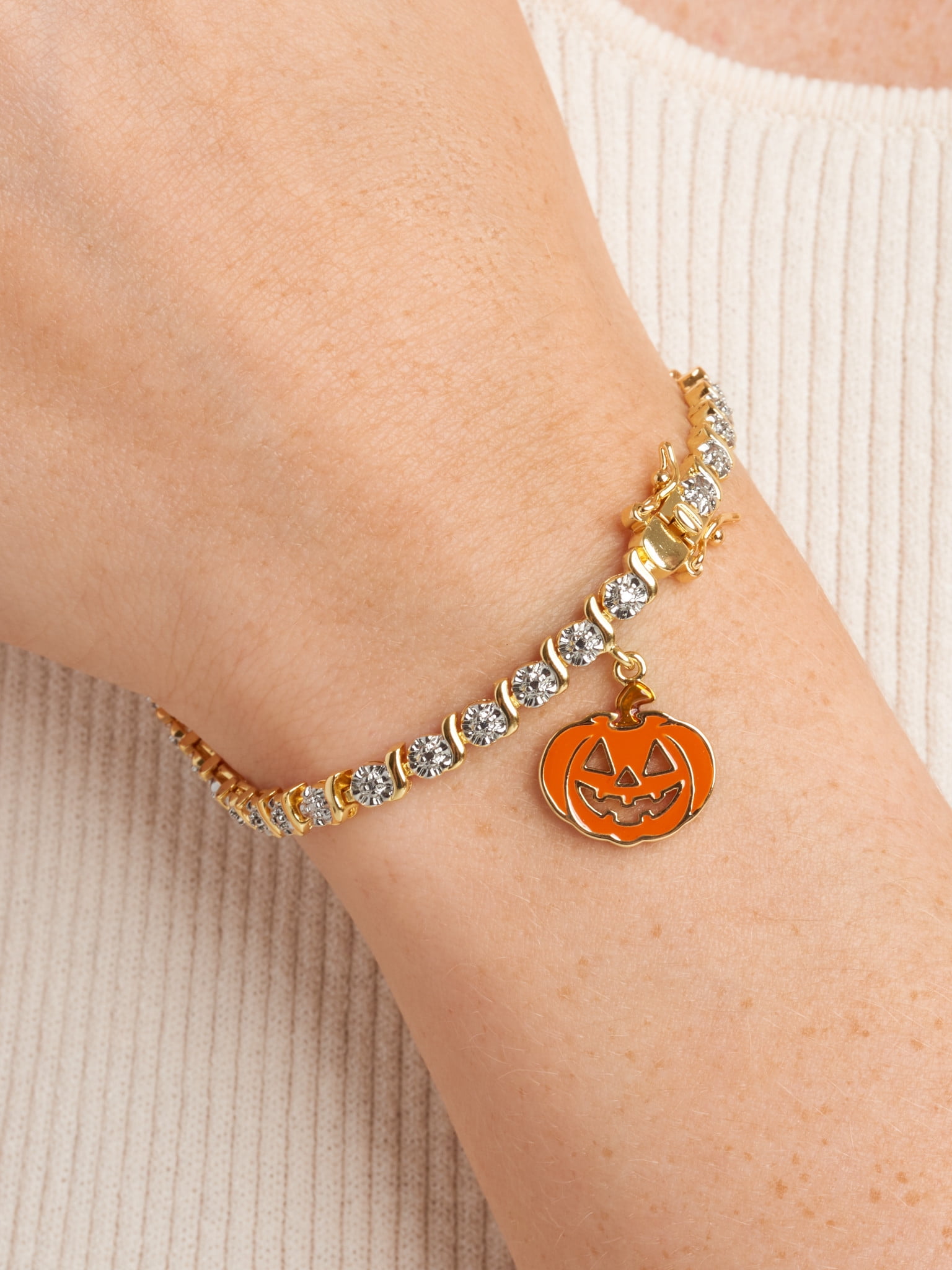 Fine Silver Plated Diamond Accent "S" Link Gold ToneTennis Bracelet With Enamel Halloween Pumpkin Charm 7.25"