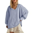 thumbnail image 2 of APEXFWDT Women's V Neck Oversized Sweatshirt Long Sleeve Pullover with Frayed Hem Casual Daily Wear,L,Light Blue, 2 of 5