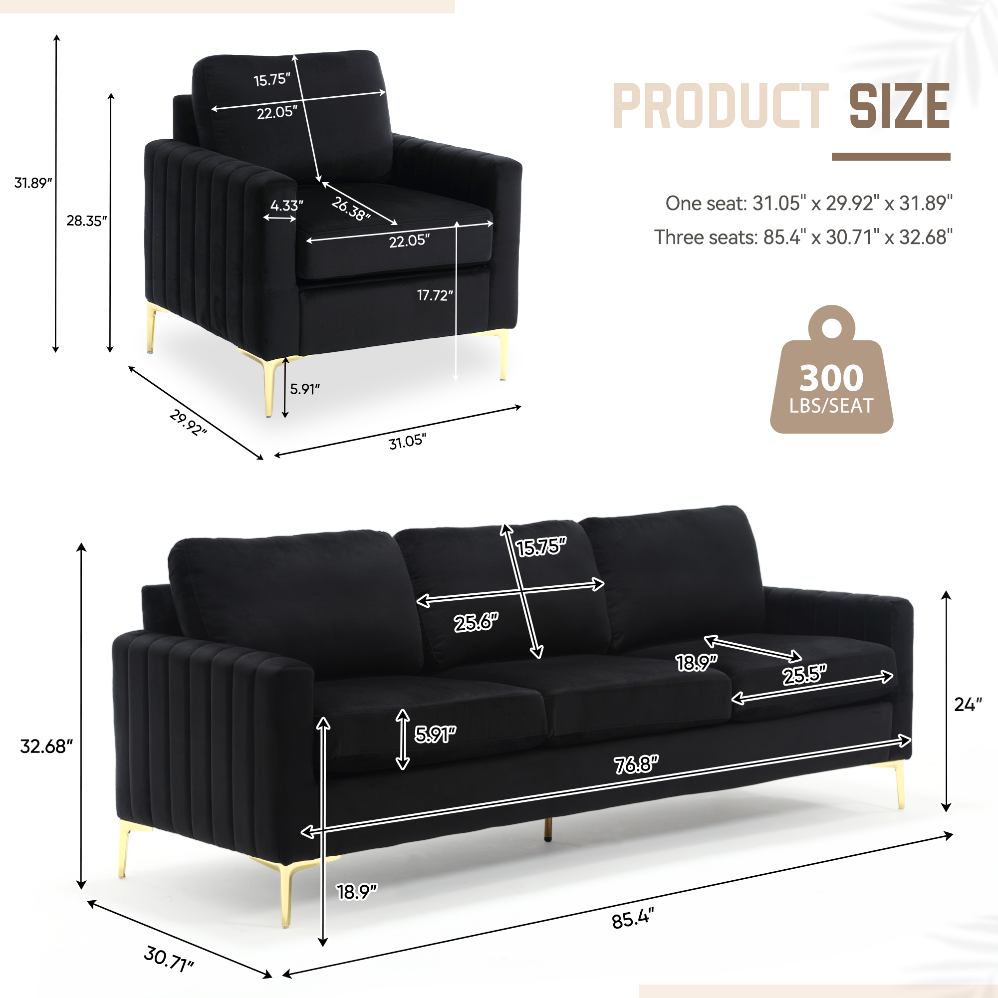 Muumblus Velvet 3 Piece Modern Living Room Furniture Sofa Set, Black