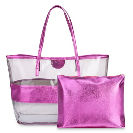 Two Bugs - Women 2-in-1 Transparent Handbag, Vbiger Fashionable 2 Pieces Beach Tote Bag Clear Shoulder Bag Water-resistant Beach Jelly Handbag, Rose Red