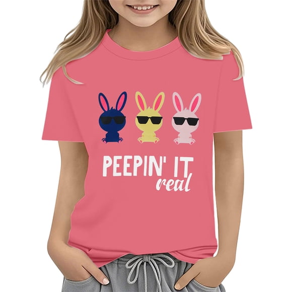 LNMQLPDBS Cute Shirts for Girls Easter Bunny Graphic Tops Easter Egg Letter Print Tees Classic Fit Crewneck Short Sleeve Animal Print T Shirt for Summer