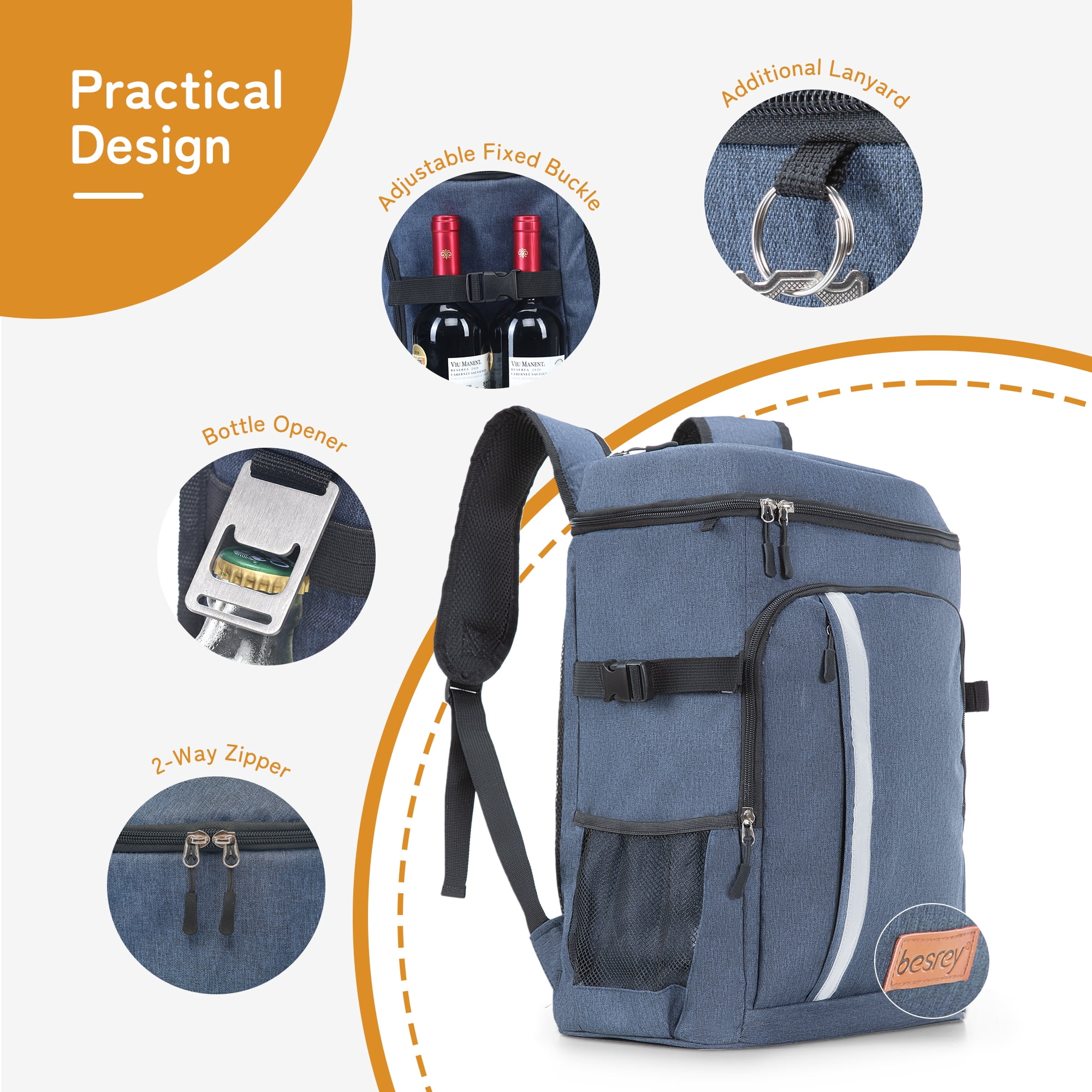 Besrey Cooler Backpack,30L Soft Lightweight Leakproof Cooler Backpack,Insulated Cooler Bag,Portable Soft Cooler Bag Waterproof for Beach, Travel, Camping,Blue