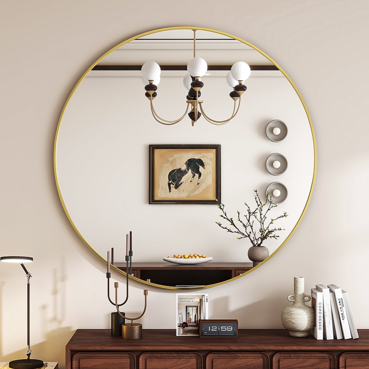 Easy4Home 42 Inch Round Wall Mirror Aluminum Alloy Framed Circle Bathroom Mirror Wall Mounted, Gold