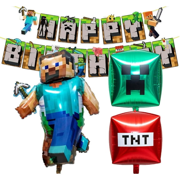 4D Birthday Pixel Mining Balloons Pixel Style Gamer Party Supplies Minecraft Balloons Birthday Party Balloons