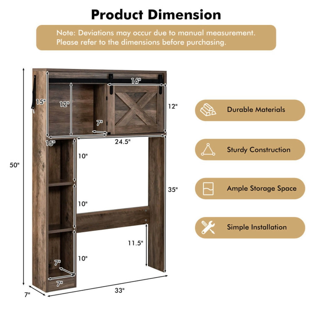 Finihen Toilet Storage Cabinet, Bathroom Cabinet Organizer, 4-Tier Over The Toilet Storage Cabinet with Sliding Barn Door and Storage Shelves, for Bathroom, Brown