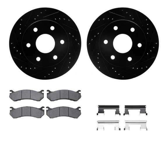 Dynamic Friction Company Front Brake Rotors-Drilled and Slotted-Black with Heavy Duty Brake Pads includes Hardware 8212-48004