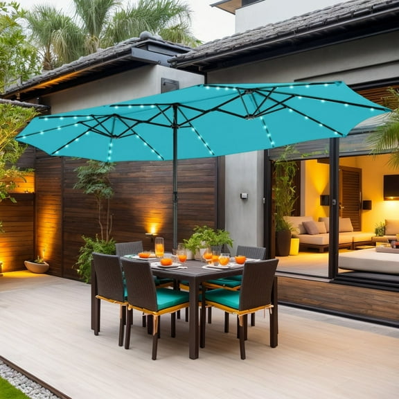 YYAo Outdoor Garden Umbrella,Market Umbrella,15 Feet Twin Patio Umbrella with 48 Solar LED Lights-Turquoise