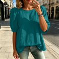 thumbnail image 4 of HongQid Women's Blouse Puff Short Sleeve Tops Crinkle Woven Round Neck Lightweight Shirt Loose Summer Casual Trendy Clothes, 4 of 7