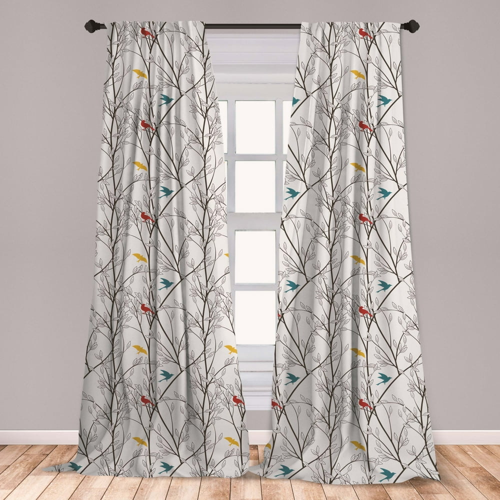 Nature Curtains 2 Panels Set, Birds Wildlife Cartoon Like Image with Tree Leaf Art Print, Window