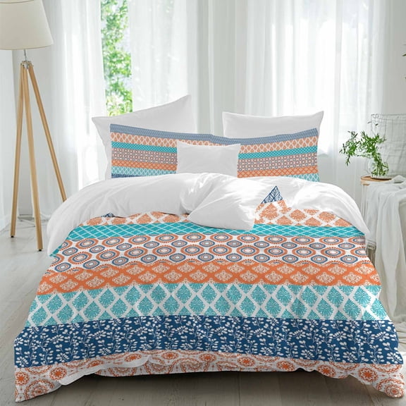 Geometric Bohemia Duvet Cover Set Twin Size Stripes Orange Turquoise and Blue Soft Lightweight Comforter Covers 4 Piece Bedding Set with 1 Duvet Cover 1 Bed Sheet & 2 Pillow Shams