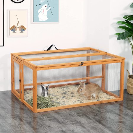 Vivifying Wooden Rabbit Hutch Chicken Coop,Small Animal Chicken Pen Habitat with Roosting Bar, Portable Folding Bunny Cage Run,Orange