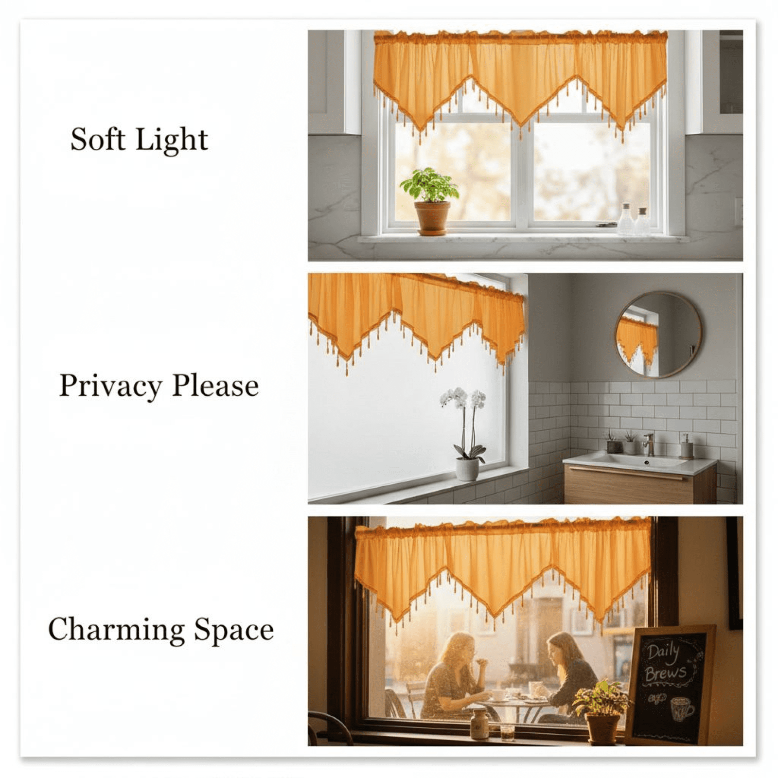 3 Pcs Sheer Triangle Window Valance Curtains, 51.2 x 23.6 in Rod Pocket Valances for Small Kitchen Bathroom Windows, Lightweight Polyester Beaded Decor Set