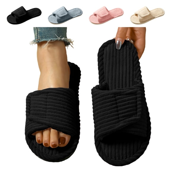 IEMIEMIEM Woman Memory Foam Slippers Open Toe Soft Corduroy Hook& Loop Non-Slip Warm Winter Indoor Outdoor Sole House Shoes 9 wide