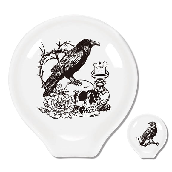 2Pcs Coffee Ceramic Spoon Rest Crows and Skeletons Pattern 3.34"x3.54" Cute Spoon Holder Heat Resistant Utensil Holder