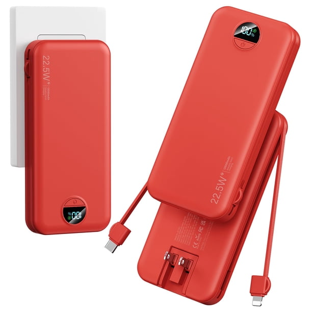 Power Bank Aonidi 12000mAh con Cables Integrados y Enchufe de Pared AC