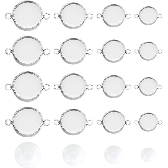48 Sets 8/10/12/16mm Sizes Flat Round Pendant Blanks with Cabochons Stainless Steel Blank Bezel Hypoallergenic Tray Base Bezel Cups Connector Stainless Steel Color DIY
