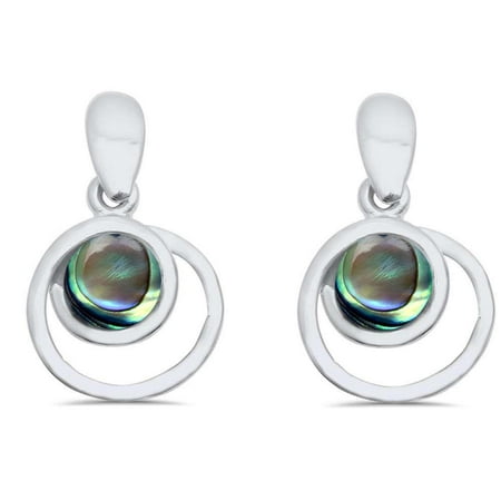 Round Shell Earrings - Simulated Abalone Double Round Dangle Earrings Sterling Silver