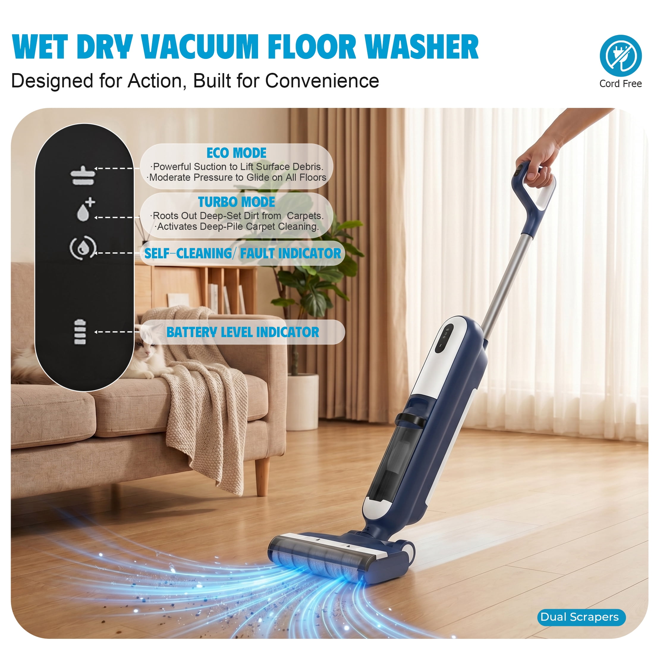 CONCETTA Wet/Dry Vacuum Cleaner of Cordless Design, Powerful Suction, Auto Self-Cleaning, Edge Clean, Blue
