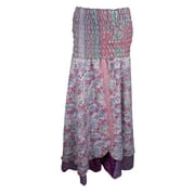 Mogul Womens Beach Dress Pink Strapless Smocked Bodice Silk Sari Two Layer Summer Dresses