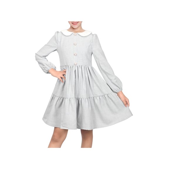 Sunny Fashion Girls Dress Gray Pearl Button Long Puff Sleeve Classic Casual Daily Wear Holiday Kid Outfit 12 Years