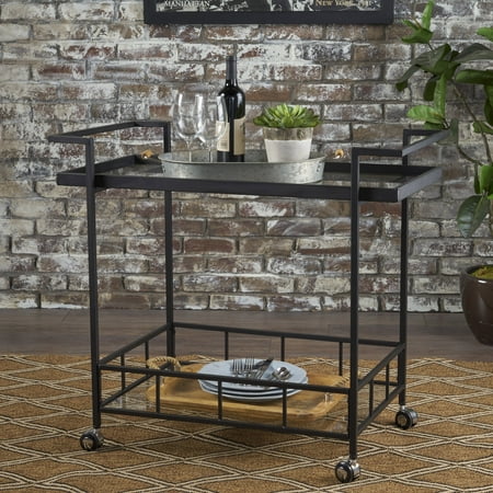- Noble House Indoor Industrial Iron Bar Cart with Tempered Glass Shelves,Black