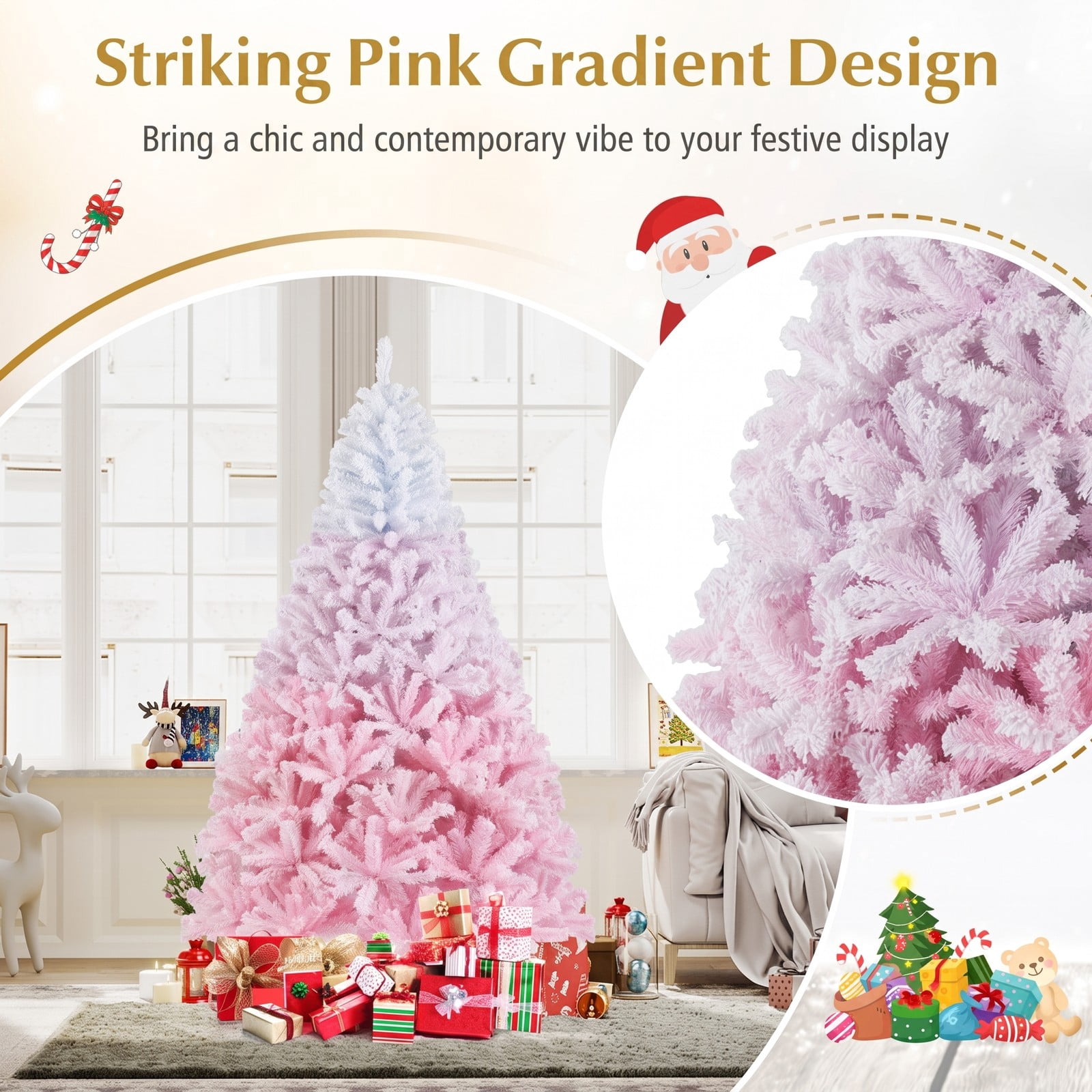 RUIE 7FT Artificial Christmas Tree, Pre-Assembled Hinged Pine Holiday Tree with 1264 Flocked Branch Tips and Folding Metal Stand, Snow Gradient Flocked, White & Pink