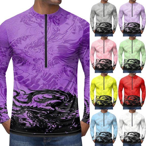 Dragon Print Quarter Zip Pullover for Men, Long Sleeve Athletic Jersey with Breathable Quick Dry Fabric - Slim Fit Cool Motorcycle Cycling Workout Tops Gray L