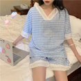 thumbnail image 2 of Pijamas de verano para mujer, conjunto de 2 piezas de encaje con cuello en V y manga corta a cuadros, ropa de dormir informal holgada de servicio a domicilio, 2 of 4