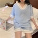 thumbnail image 2 of Pijamas de verano para mujer, conjunto de 2 piezas de encaje con cuello en V y manga corta a cuadros, ropa de dormir informal holgada de servicio a domicilio, 2 of 4