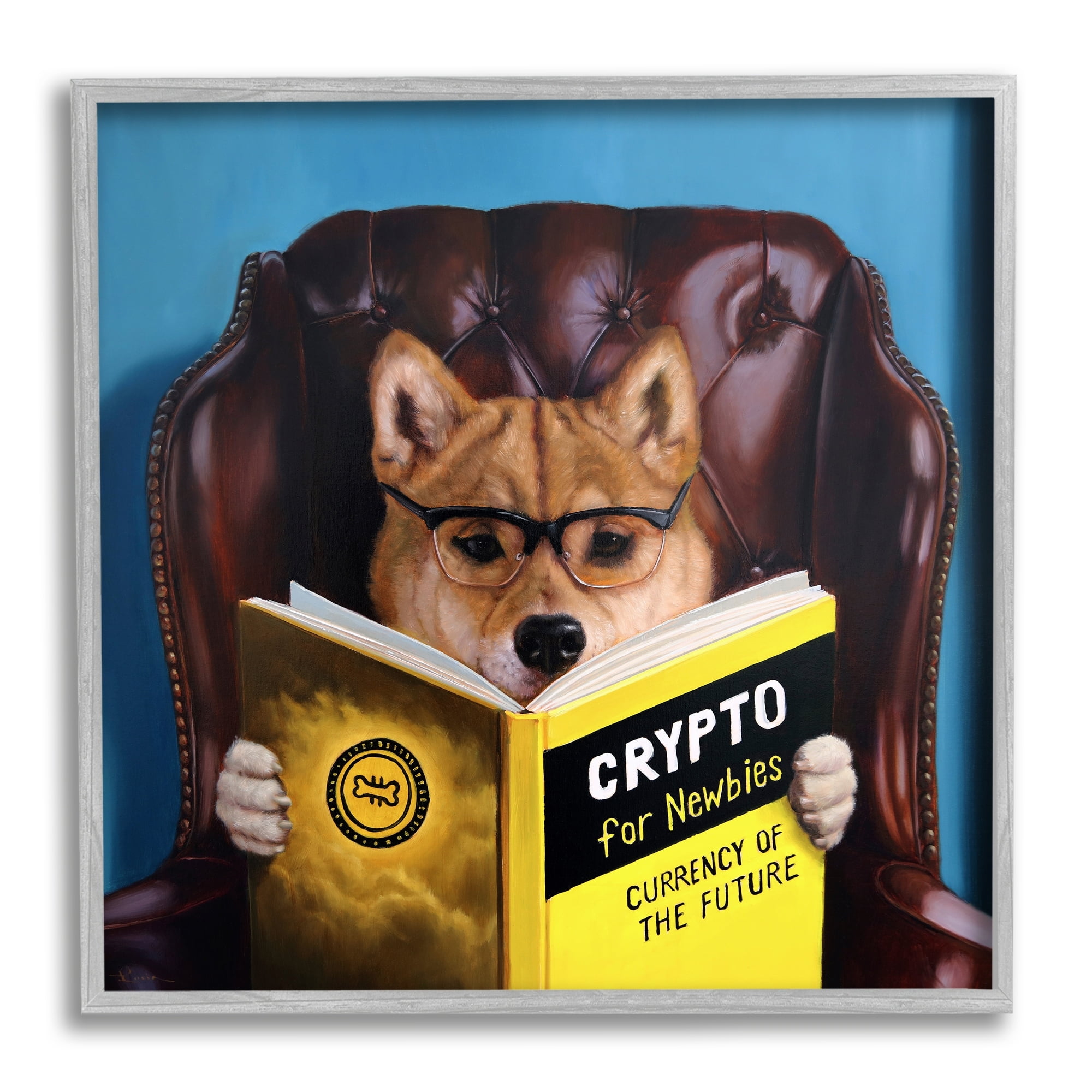 Stupell Industries Crypto For Newbies Funny Dog Reading Book Armchair Painting Gray Framed Art Print Wall Art, Design by Lucia Heffernan