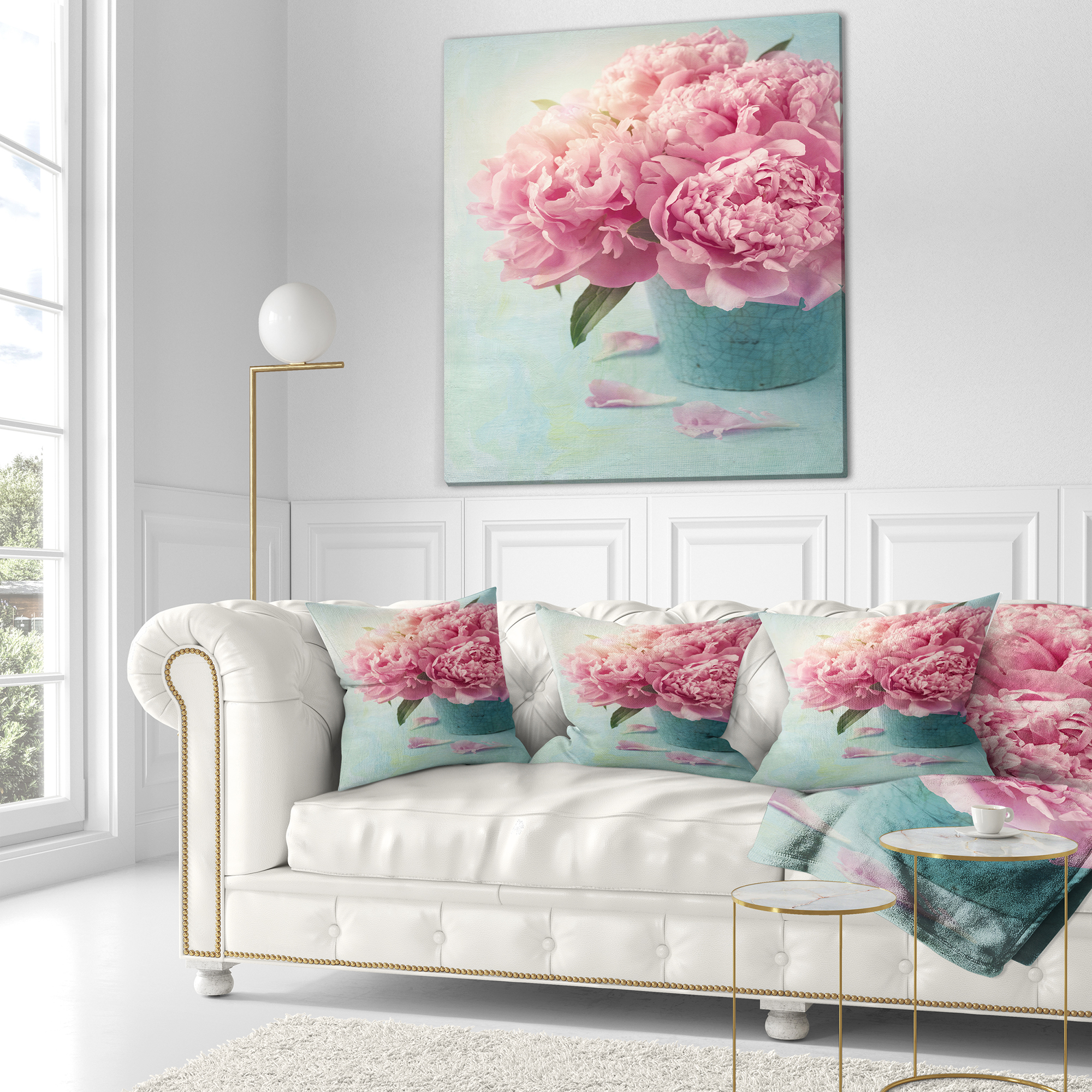 Designart Pink Peony Flowers in Vase - Floral Throw Pillow - 16x16