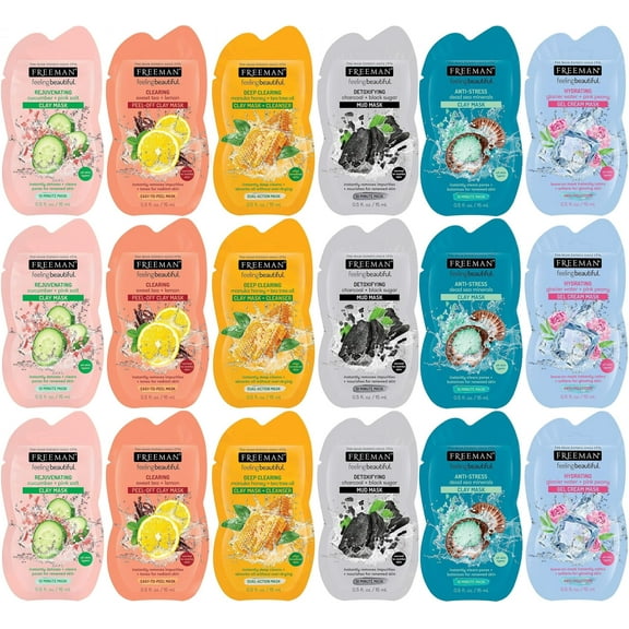 Freeman Facial Mask Variety Pack: Clay, Gel, Mud, & Peel-Off Skincare Masks, Hydrating, Detoxifying, Clearing, & Rejuvenating, For Healthy Skin, Trial Size & Travel-Friendly Sachets, 18 Count