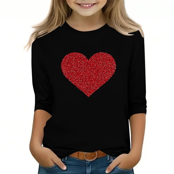 Riecok Girls 3/4 Length Sleeve T Shirts Valentine's Day Crewneck Tops Blouses Heart Print Loose Summer Tees