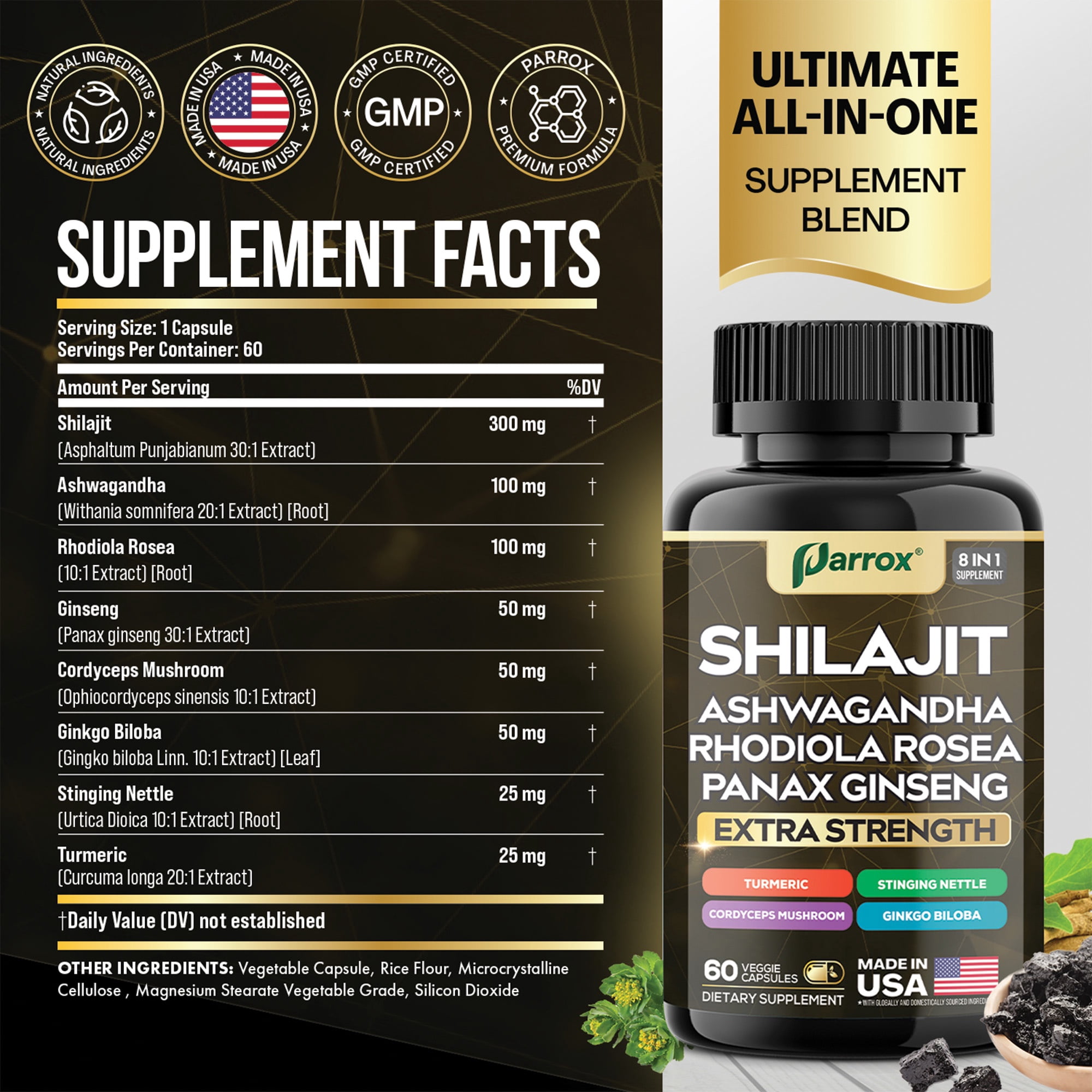 Parrox Shilajit Supplement, Panax Ginseng, Ashwagandha, Rhodiola Rosea, Cordyceps Mushroom, Stinging Nettle, Turmeric, Gingko Biloba – Pure Shilajit All In One Supplements for Men and Women (60 Caps)