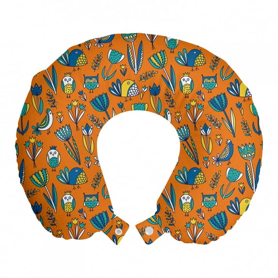 Botanical Travel Pillow Neck Rest, Childish Repeating Pattern of Abstract Tulips and Birds Print, Memory Foam Traveling Accessory Airplane and Car, 12", Orange and Multicolor, by Ambesonne