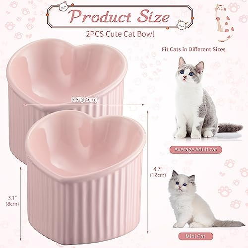 2 Pcs Ceramic Elevated Cat Bowls Tilted Elevated Raised Pet Bowls Anti Vomit Cat Dish for Indoor Stress Free Water Dish Feeder for Puppies, Heart Shaped(Pink)