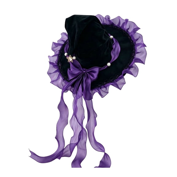 OOOUM Women's Halloween Witch Hat Gothic Pointed Wide Brim Party Hat with Ribbon Bow and Star Charm for Adults