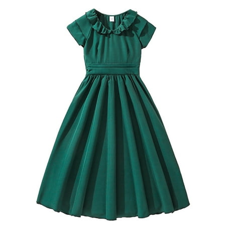 Adeawade Dresses For Girls 10-11 Years Crewneck Summer Flowy Collar Retro Solid Color Patchwork Sleeve Corsetted Waist Dress With Pleated Skirt Basic Outfits Green
