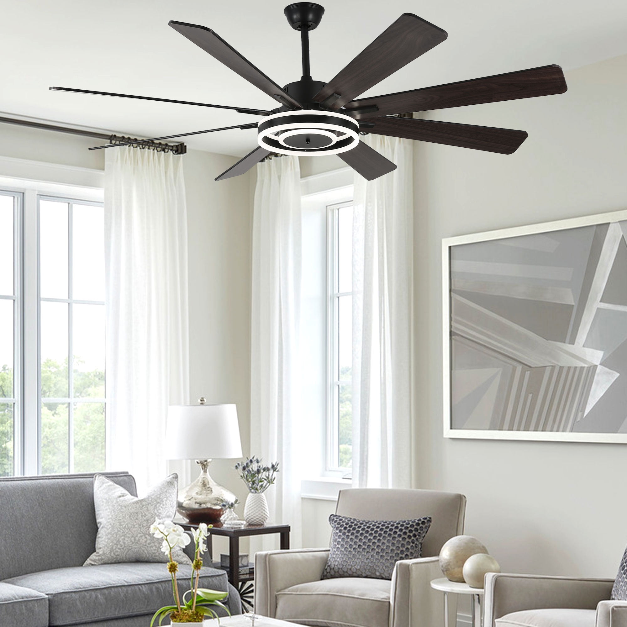 Chords Attic 72" Reversible 8-Blade Ceiling Fan with LED Lights, Remote 3-Color, 6-Speed and Timer