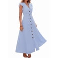 thumbnail image 2 of Women's Striped V-Neck Ruffle Sleeve Button Front Waist Belt Maxi Dress Blue S, 2 of 10