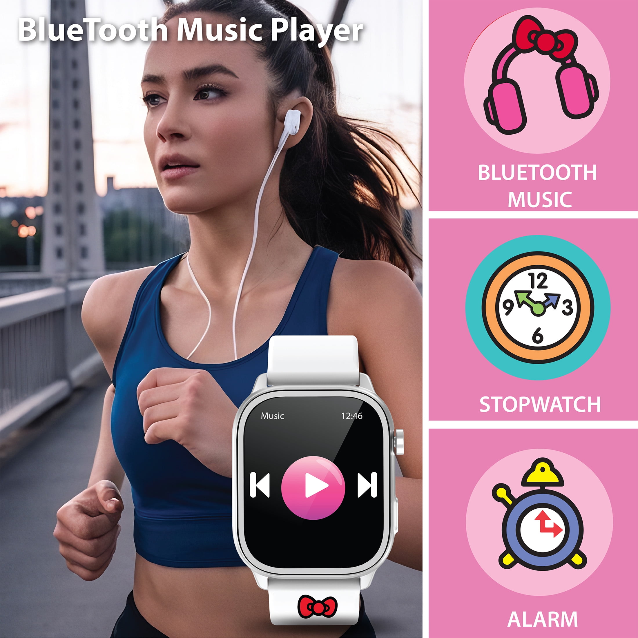 Hello Kitty iTime Digital Adult 46mm Smart Watch with White and Black Interchangeable Silicone Straps
