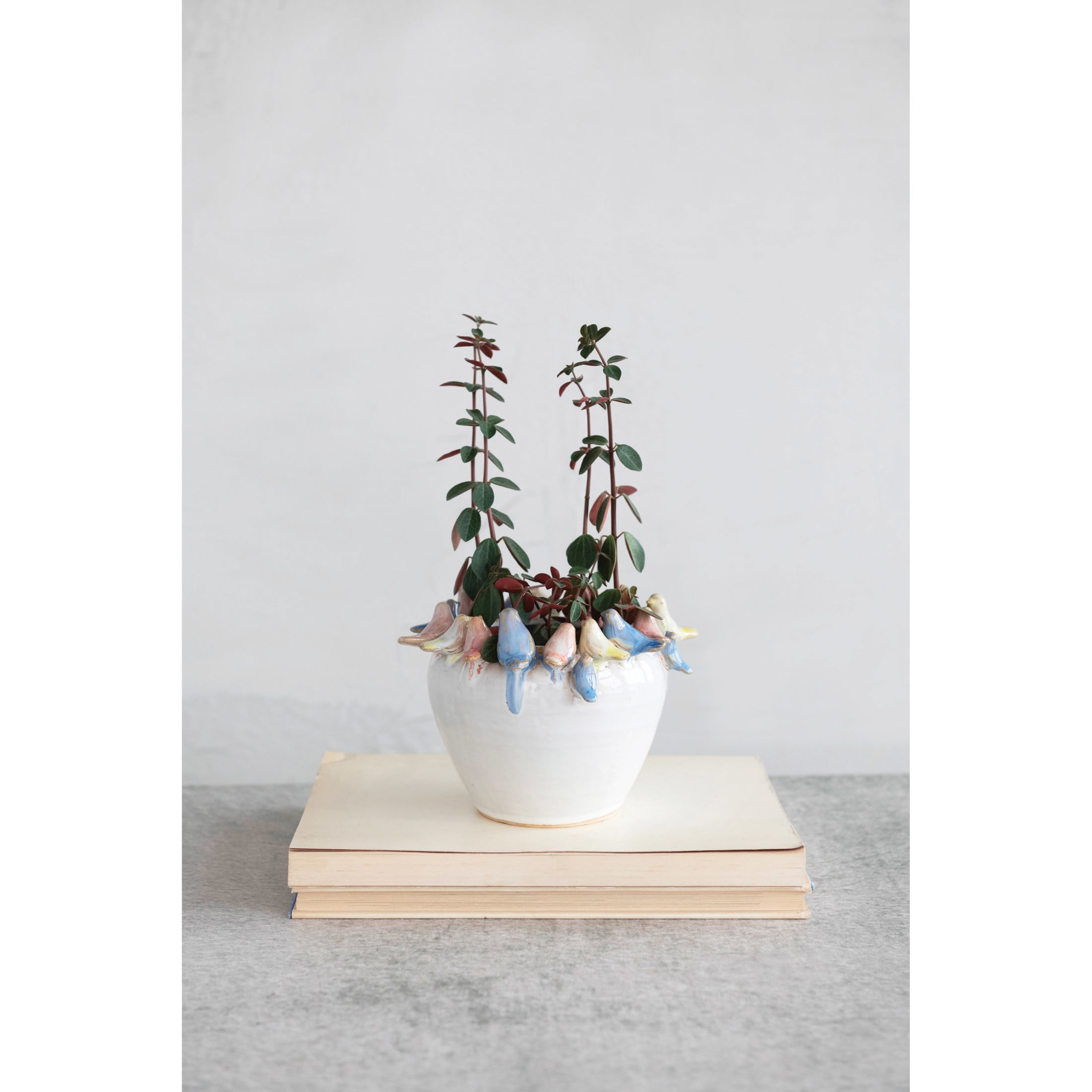 Creative Co-Op Decorative Stoneware Planter with Birds on Rim and Reactive Glaze, Multicolor