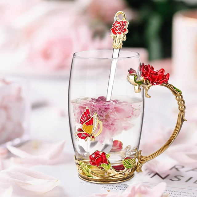 Enamel Flower Glass Coffee Mug with Spoon Romantic Valentine's Day Gift for Women